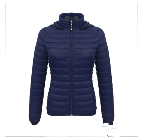 Autumn And Winter Zipper Short Hooded Detachable Solid Color Stand Collar Lightweight Cotton-padded Jacket - Navy Blue