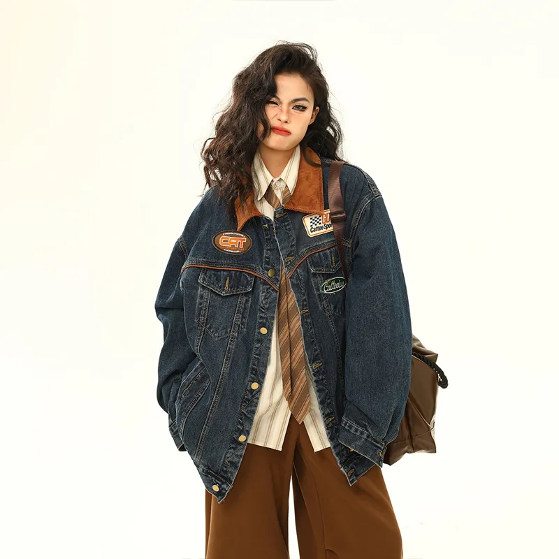 Vintage Denim Jacket Men's And Women's Motorcycle Loose Lapels Jacket - Blue