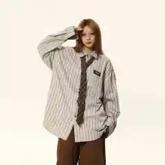 Striped Polo Long Sleeve Shirt Couple Loose Top - Khaki - View 1