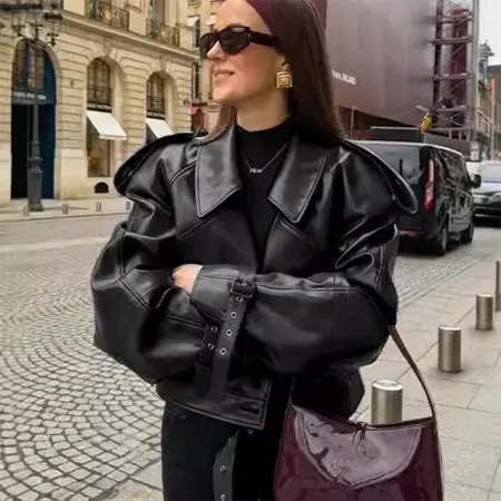 Loose Lapel Leather Jacket Fashion Cropped Tops Streetwear For Womens Clothing - Black