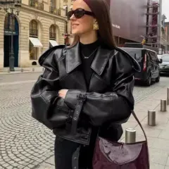 Loose Lapel Leather Jacket Fashion Cropped Tops Streetwear For Womens Clothing - Black - View 1