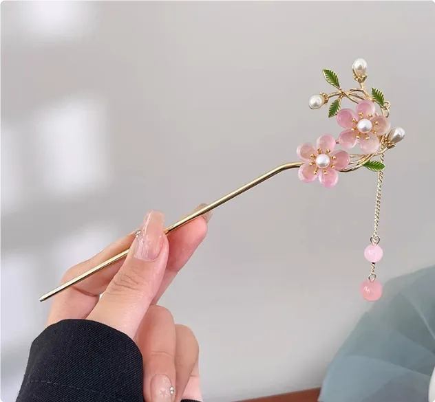 Dress Accessories Hairpin Headwear Antique Style Plate Hairpin Pink Double Flower - Shop at LoveMi