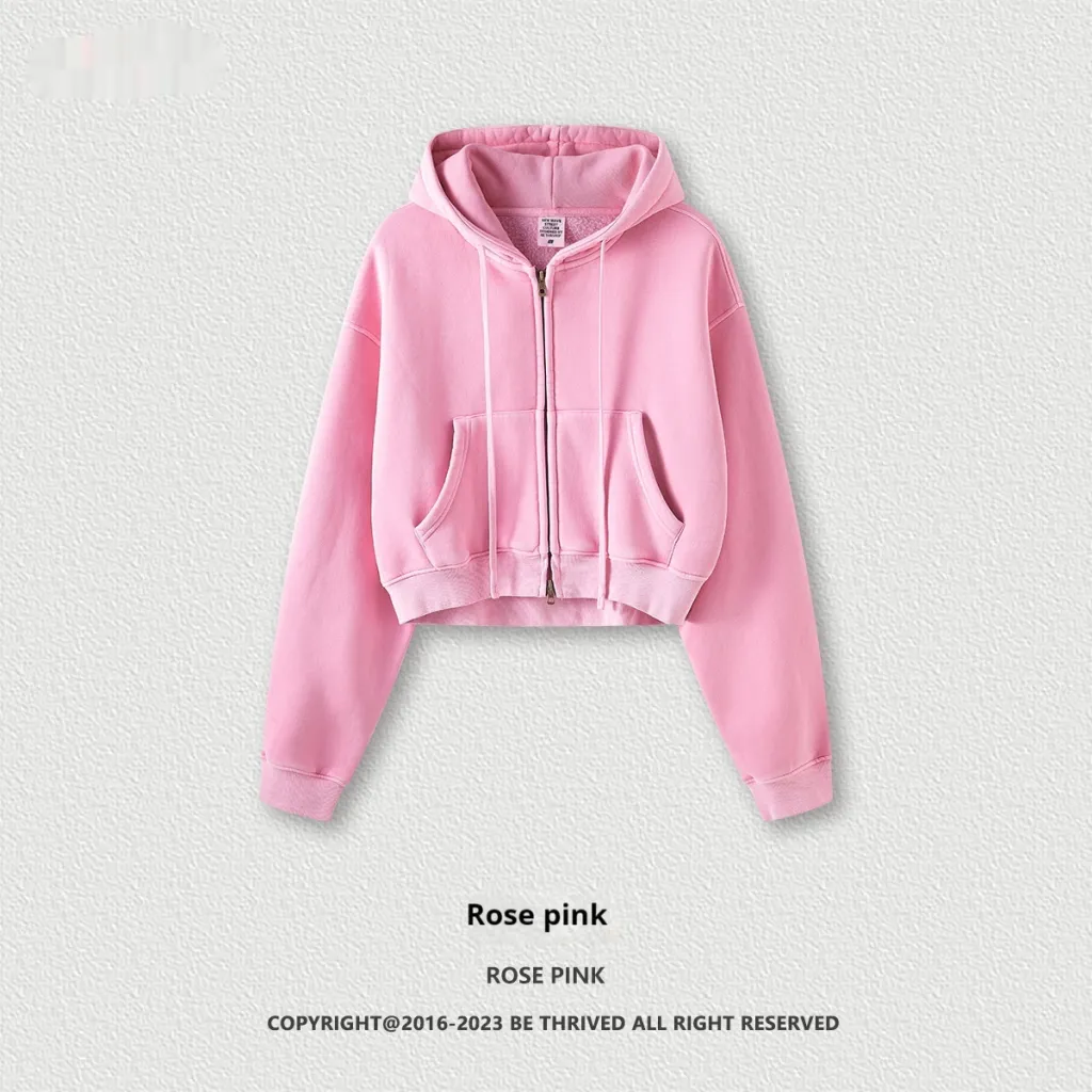 Retro Washed Zipper Coat Fleece-lined Distressed Short Cardigan Top - Rose Pink