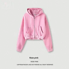 Retro Washed Zipper Coat Fleece-lined Distressed Short Cardigan Top - Rose Pink - View 1