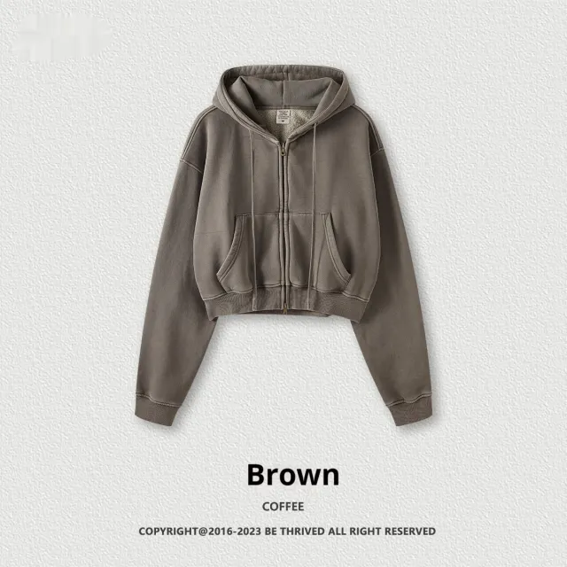 Retro Washed Zipper Coat Fleece lined Distressed Short Cardigan Top Brown - Shop at LoveMi