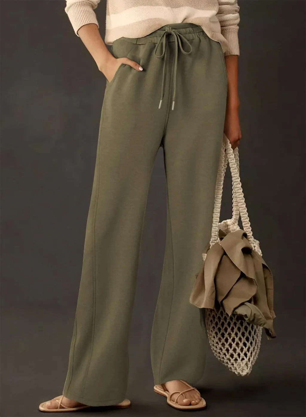 Women's Sweater Straight-leg Pants Drawstring Elastic - Army Green
