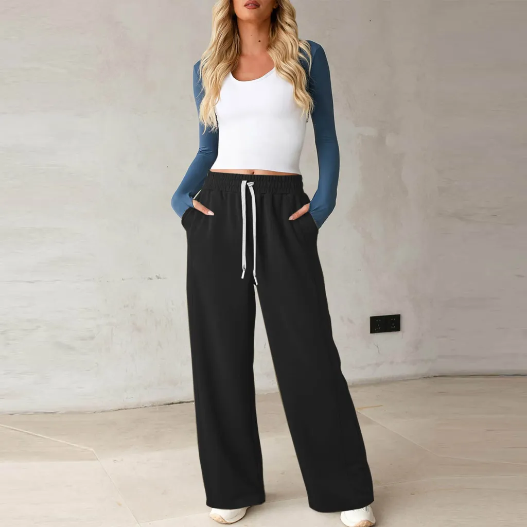 Women's Sweater Straight-leg Pants Drawstring Elastic - Black