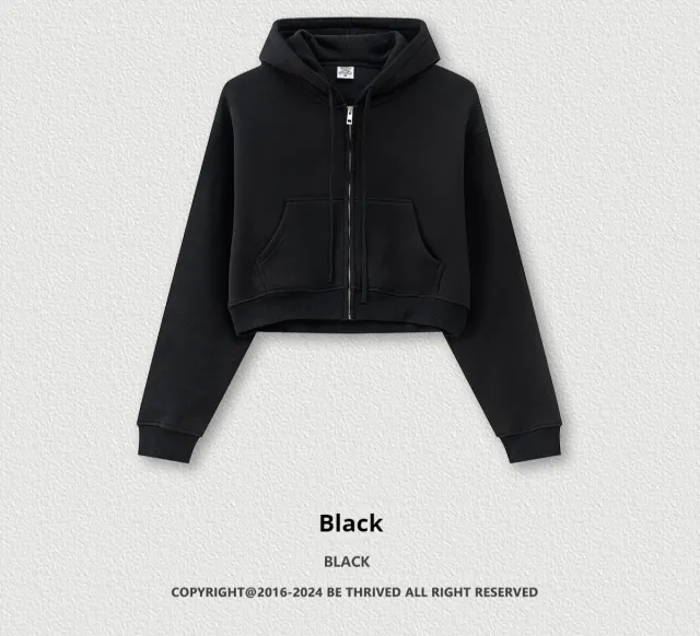 Retro Solid Color Hooded Sweater Zipper Jacket Loose Short Black - Shop at LoveMi