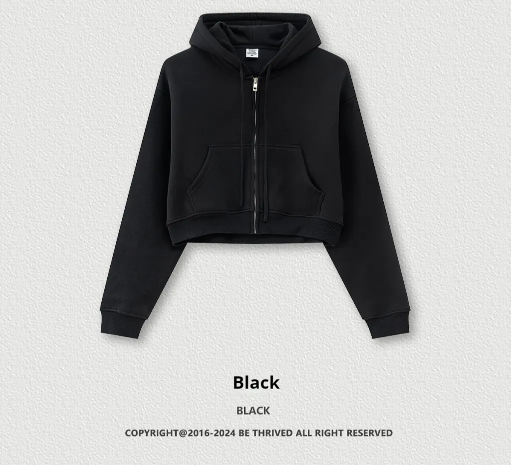 Retro Solid Color Hooded Sweater Zipper Jacket Loose Short - Black