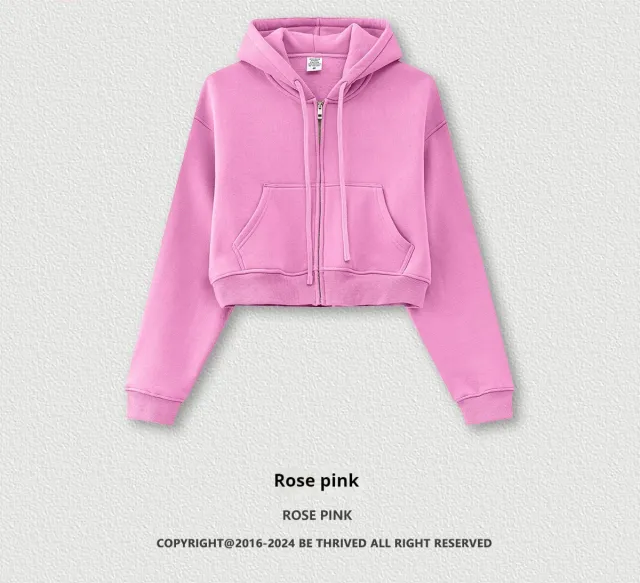 Retro Solid Color Hooded Sweater Zipper Jacket Loose Short Rose Pink - Shop at LoveMi