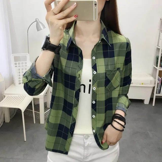 Casual Slimming Women's Long Sleeve Plaid Shirt Green - Shop at LoveMi