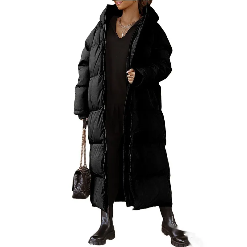 Hooded Solid Color Long Casual Zip Coat - Black