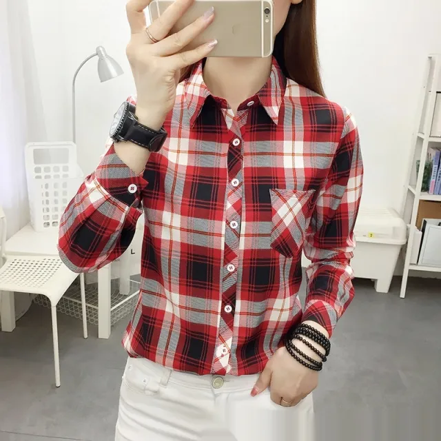 Casual Slimming Women's Long Sleeve Plaid Shirt Red 02 - Shop at LoveMi
