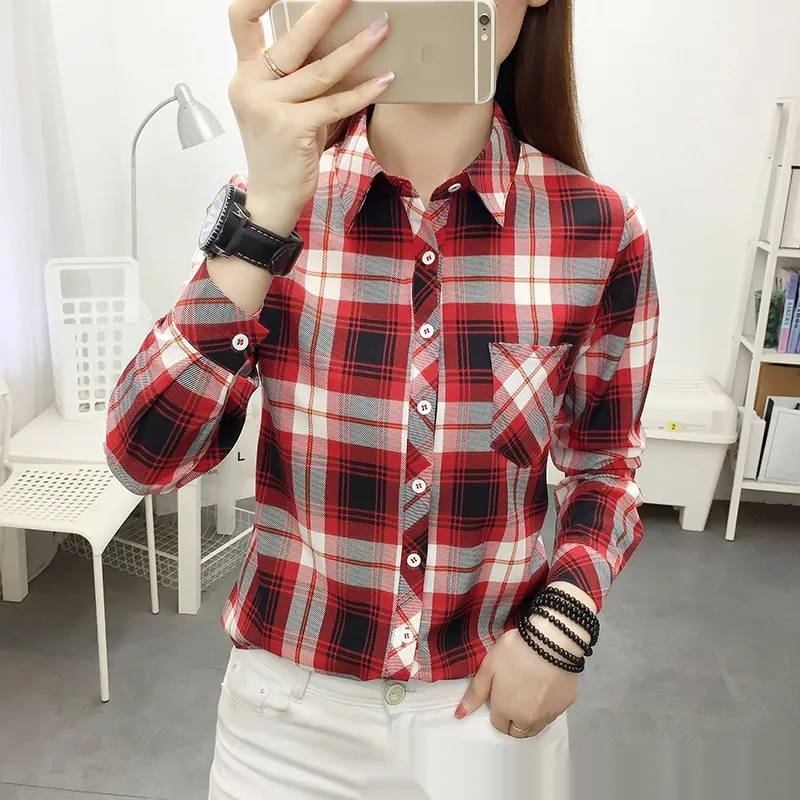Casual Slimming Women's Long Sleeve Plaid Shirt - Red 02