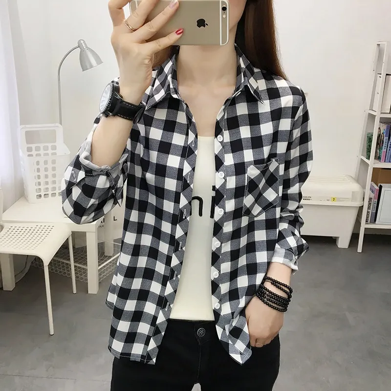 Casual Slimming Women's Long Sleeve Plaid Shirt - Black