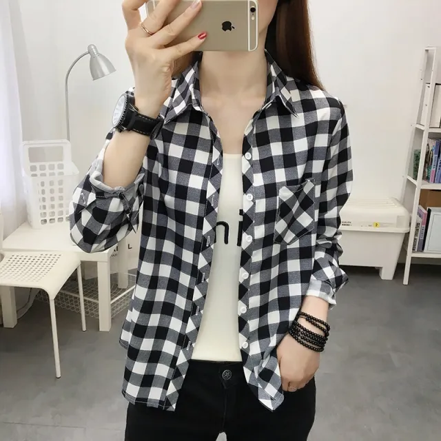 Casual Slimming Women's Long Sleeve Plaid Shirt Black - Shop at LoveMi
