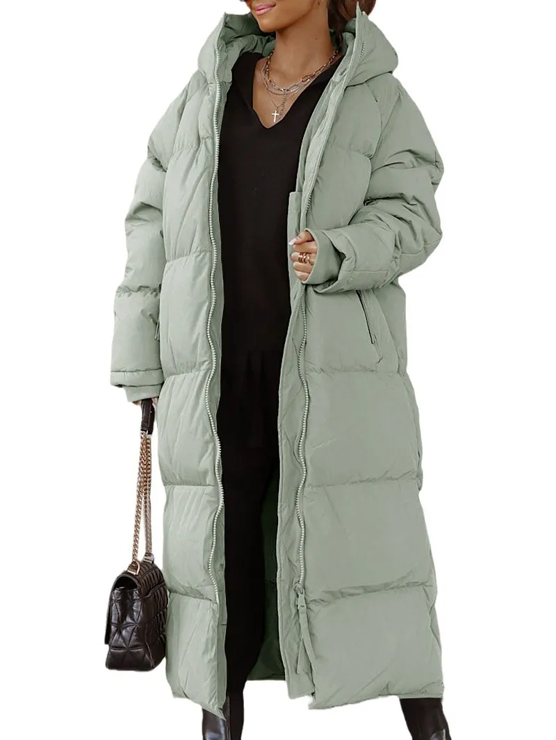 Hooded Solid Color Long Casual Zip Coat - Green
