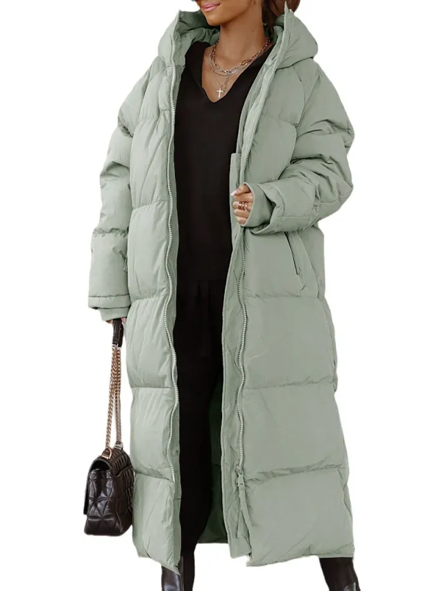 Hooded Solid Color Long Casual Zip Coat Green - Shop at LoveMi