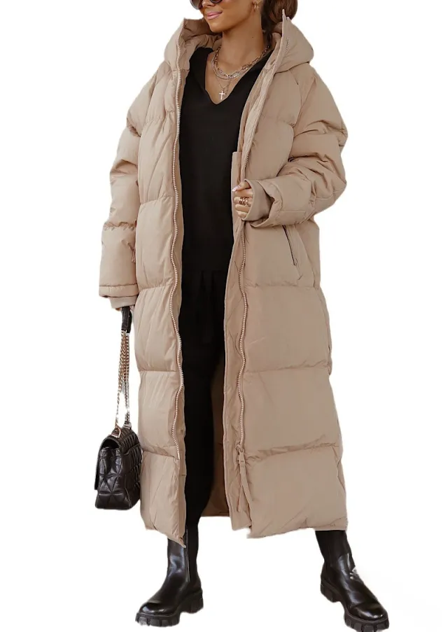 Hooded Solid Color Long Casual Zip Coat Camel - Shop at LoveMi
