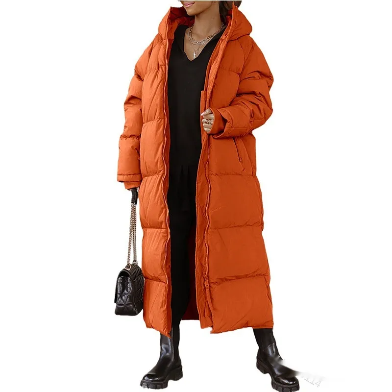 Hooded Solid Color Long Casual Zip Coat - Orange