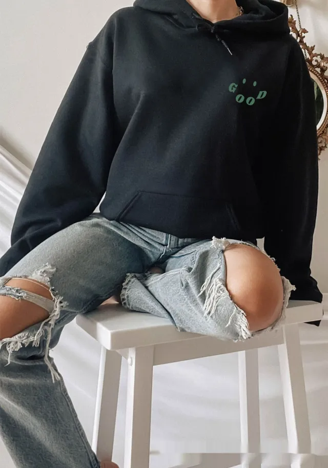 Double Sided Printed European And American Hooded Plain Letter Sweater Black - Shop at LoveMi
