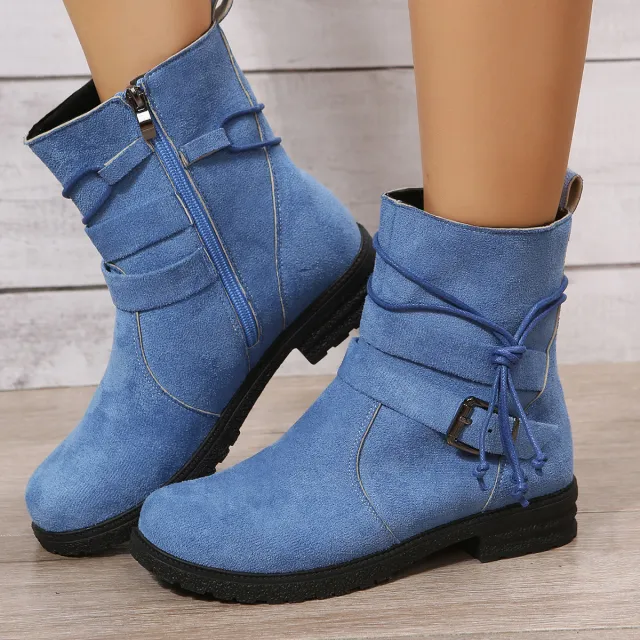 Round Toe Side Zipper Low Heel Plus Size Short Boots Blue - Shop at LoveMi