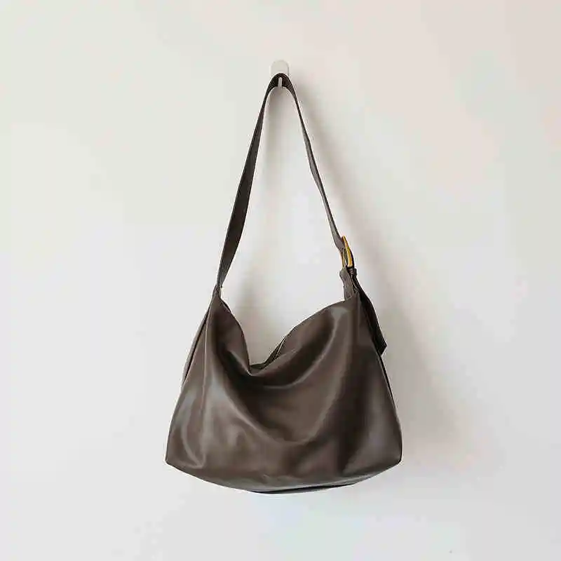 Simple Soft Leather Idle Style Crossbody Bag - Grey