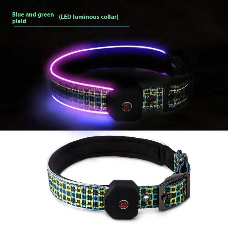 LED Pet Luminous Printing Reflective Stripe USB Charging Shiny Dog Collar - Blue And Green Plaid