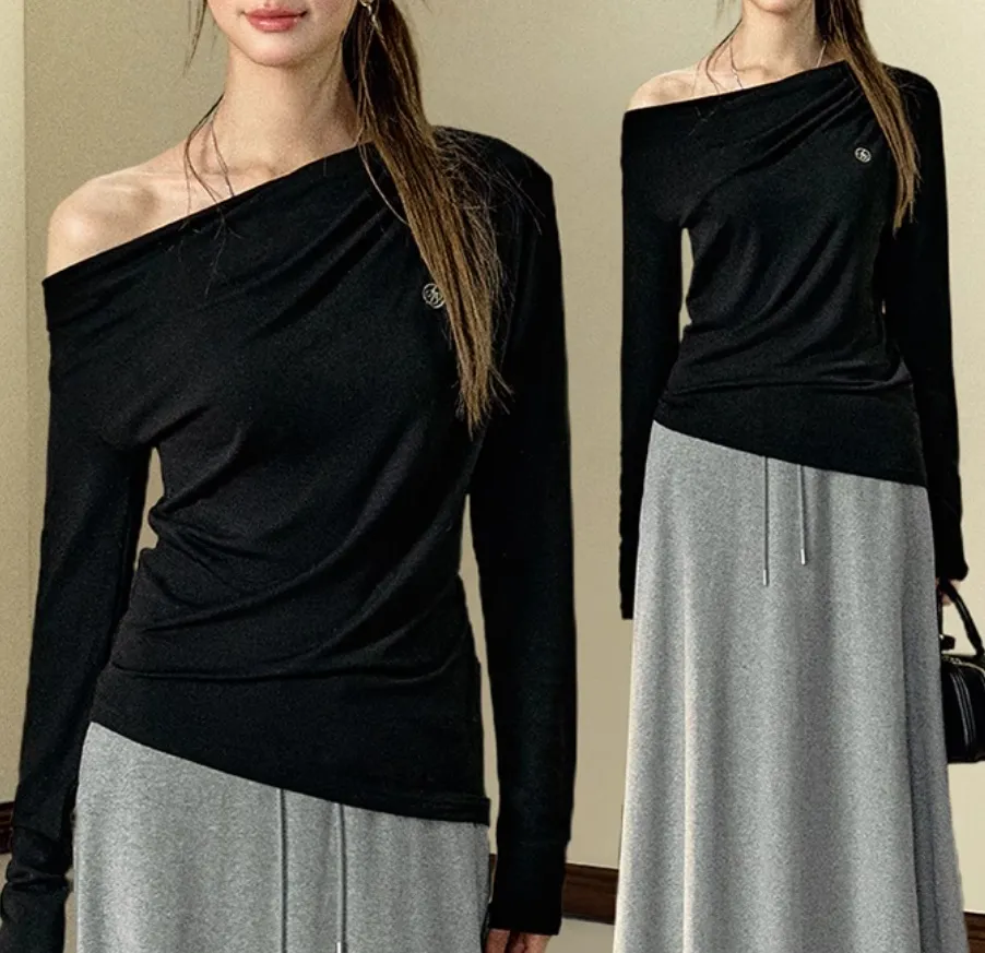 Diagonal Collar Bottoming Shirt Long Sleeve Elegant Knitted Multicolor - Black - View 1
