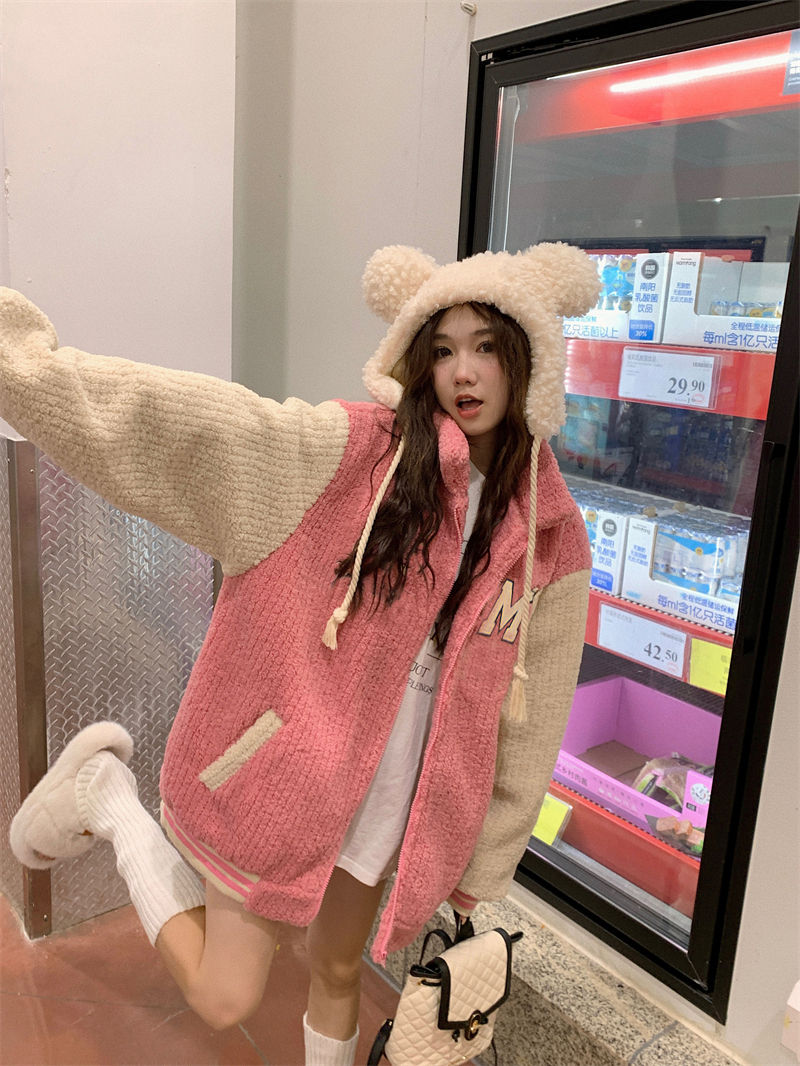 Color Blocked Thickened Lamb Wool Cotton Jacket For Women