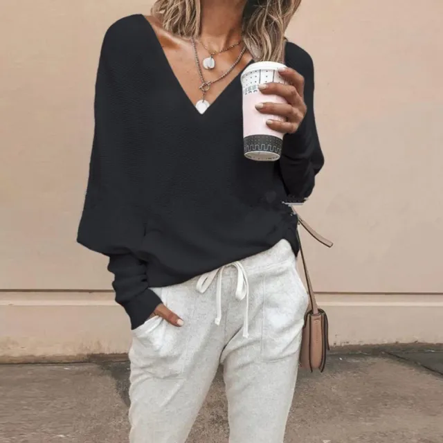 Solid Color And V neck Batwing Sleeve Long Sleeve T shirt Top For Women Black - Shop at LoveMi