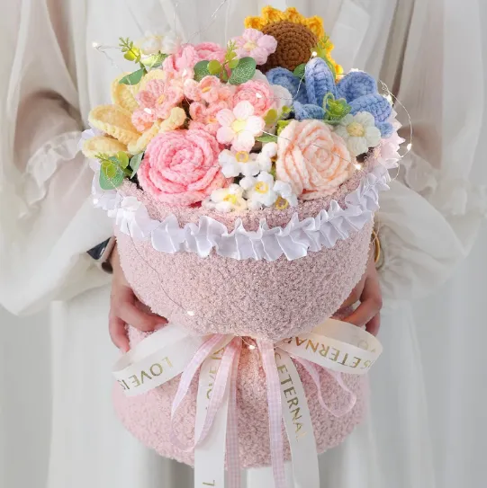 Knitted Finished Sunflower Rose Mixed Bouquet Birthday Gift Girl Pink Large Gift Bag - Shop at LoveMi