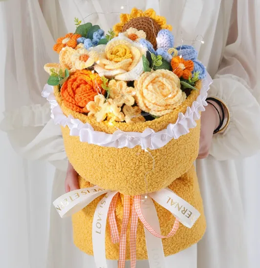 Knitted Finished Sunflower Rose Mixed Bouquet Birthday Gift Thai Rose Big Bag - Shop at LoveMi
