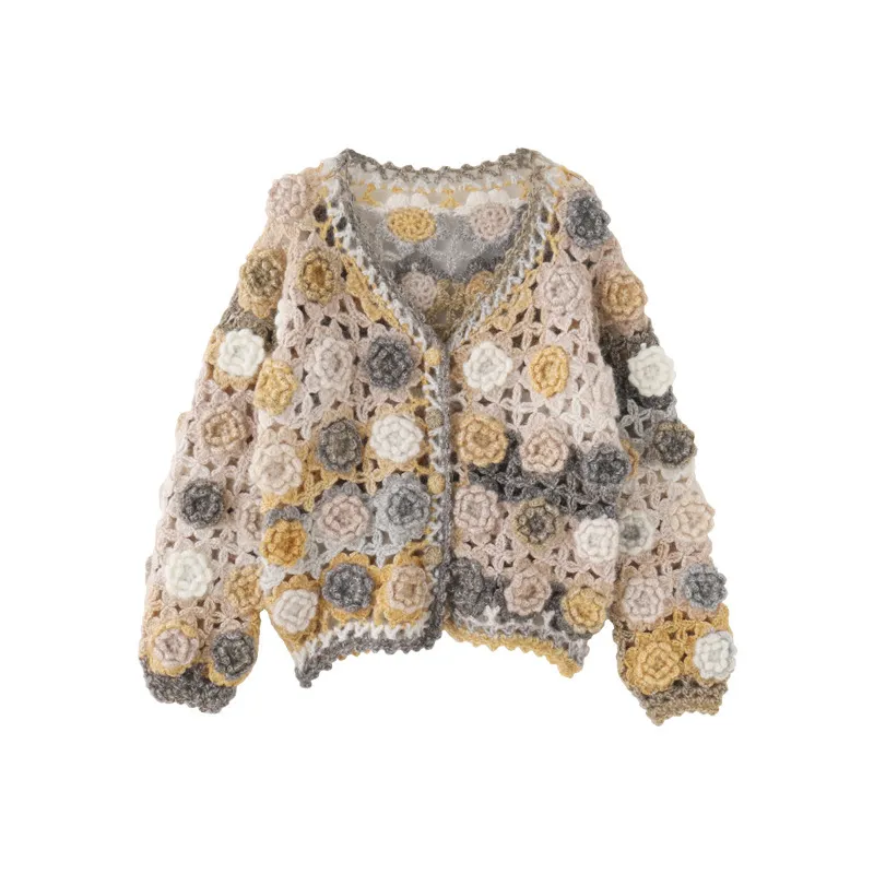 New Heavy Industry Manual Rose Crocheted Knitted Cardigan Sweater Coat For Women - Brown