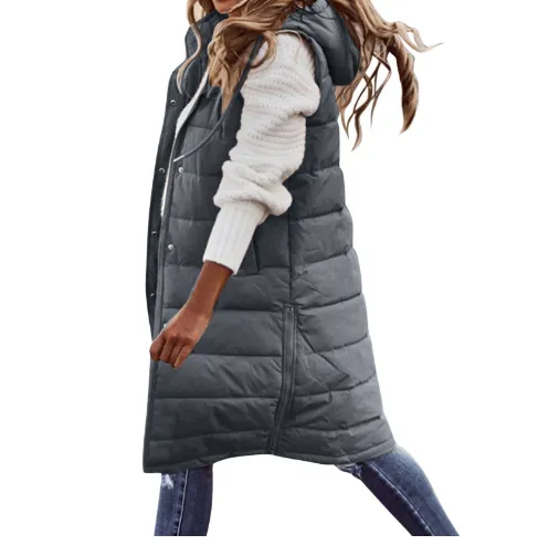 Women's Solid Color Sleeveless Down Jacket Long Winter Coat Dark Grey - Shop at LoveMi