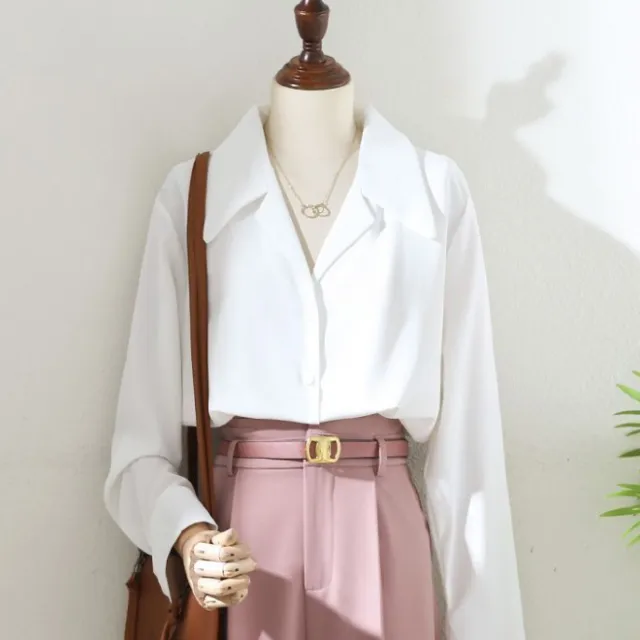 Vintage Dark Khaki Suit Collar Shirt White - Shop at LoveMi