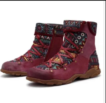 Faux Leather Stitching Ankle Flat Women's Boots - Wine