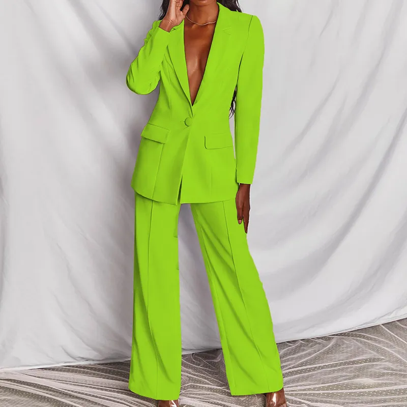 Set Spring Elegant Solid Long Sleeve Blazer Suit And Pants For Women Autumn Classic OL Street Outfit - Green