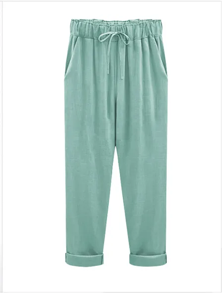 Plus Size Mm Loose Thin Linen Women's Trousers Lake Green Cropped Pants - Shop at LoveMi