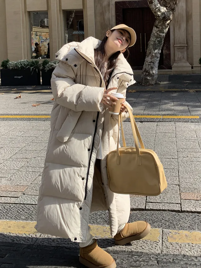 Korean style Mid length Over the knee Down Cotton padded Coat Apricot Colored Rice - Shop at LoveMi