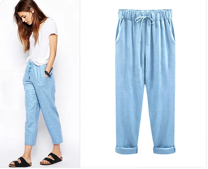 Plus Size Mm Loose Thin Linen Women's Trousers - Light Blue Cropped Pants