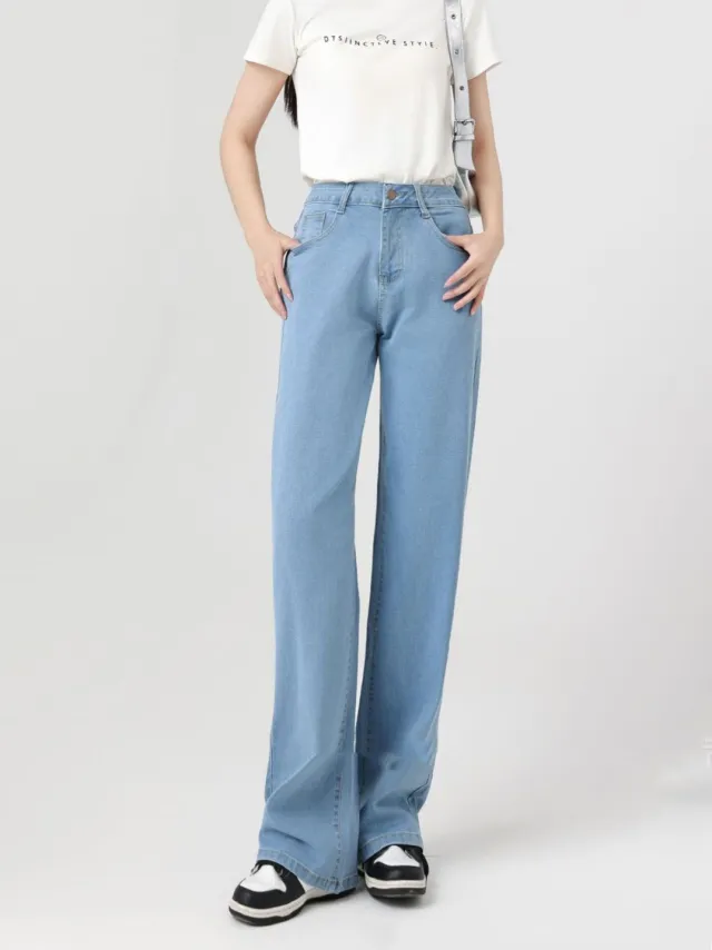 Slim Fit High Waist Slimming Casual Wide Leg Jeans Light Blue - Shop at LoveMi