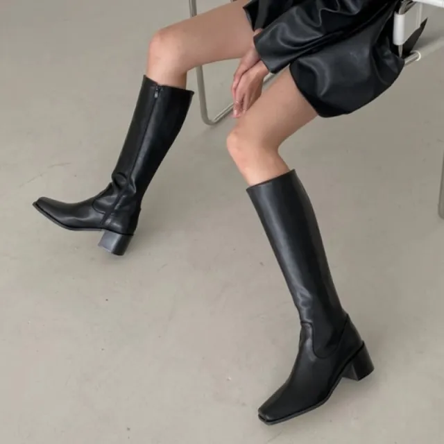 Simple Straight Square Head Below The Knee Long Boots Side Zipper Black - Shop at LoveMi