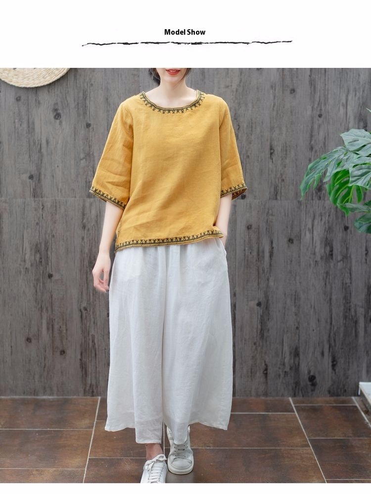 Title 4, Artistic Retro Cotton And Linen Solid Color Emb...