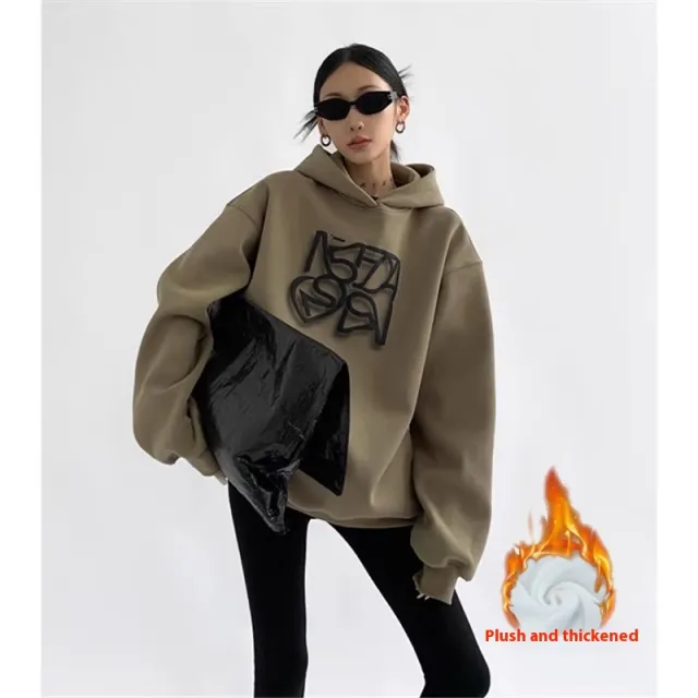 Heavy Cotton American Hooded Sweater For Women Oatmeal Color With Velvet - Shop at LoveMi