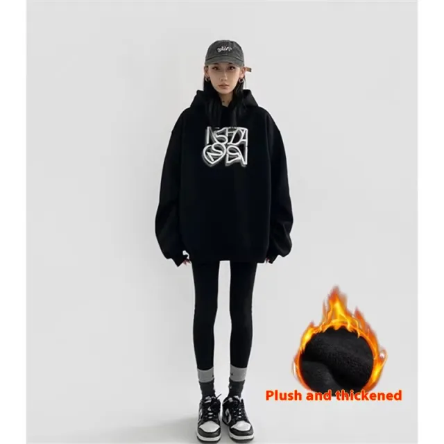 Heavy Cotton American Hooded Sweater For Women Black With Velvet - Shop at LoveMi