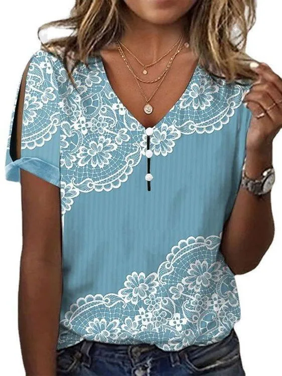 Summer Ethnic Style Printed Short sleeved Top Women's T shirt Blue Flower - Shop at LoveMi