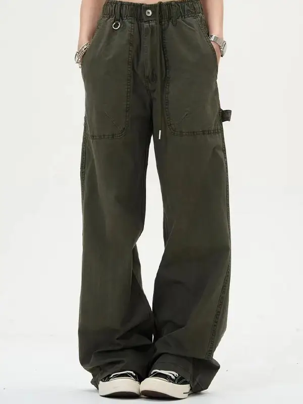 Drape Women's Large Pocket Design Straight Loose High Waist Casual Trousers