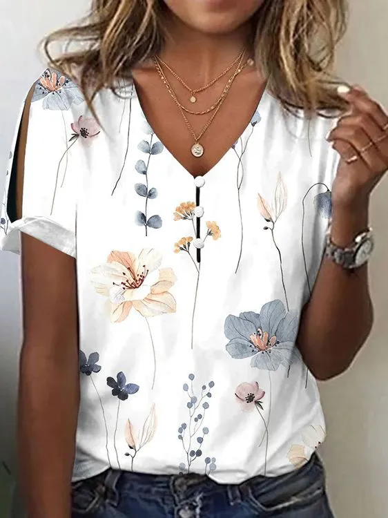Summer Ethnic Style Printed Short sleeved Top Women's T shirt White - Shop at LoveMi