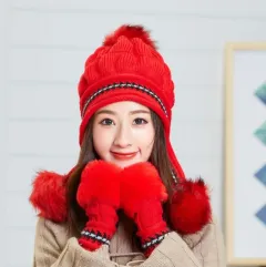 Cosy Knit Fleece-Feel Beanie With Ear Flaps & Pompom Warm Winter Hat For Women Perfect For Skiing & Outdoor Activities - Red - View 1